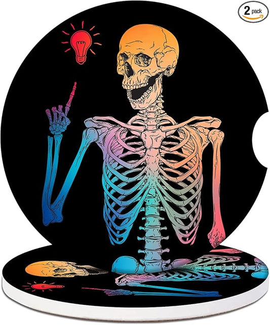 Car Cup Holder Coaster - Colorful Funny Skull Absorbent Ceramic Coaster 2 Pack, Car Coasters for Cup Holders, Fashion Car Interior Accessories Drink Coaster for Women & Men