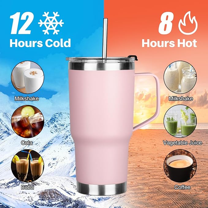 20 oz Tumbler with Handle, Stainless Steel Insulated Tumbler with Lid and Straw, Double Wall Vacuum Insulated Coffee Mug Tumbler, Insulated Coffee Thermal Cup for Cold and Hot (Pink)