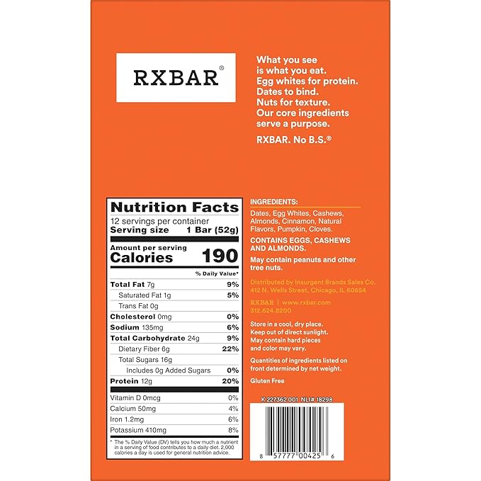 RXBAR Protein Bars, Protein Snack, Snack Bars, Pumpkin Spice, 22oz Box (12 Bars)