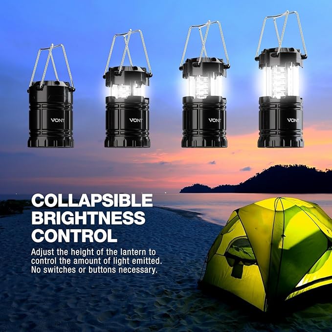 2 Pack LED Camping Lantern, LED Lanterns, Suitable Survival Kits for Hurricane, Emergency Light for Storm, Outages, Outdoor Portable Lanterns, Black, Collapsible, (Batteries Included)