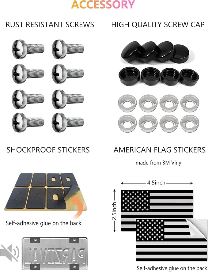 American Flag License Plate Frames - 2 Pack Black Patriotic USA Car Tag Frame, Raised 3D Stars & Stripes Plastic Holder with 3D Metal Decals