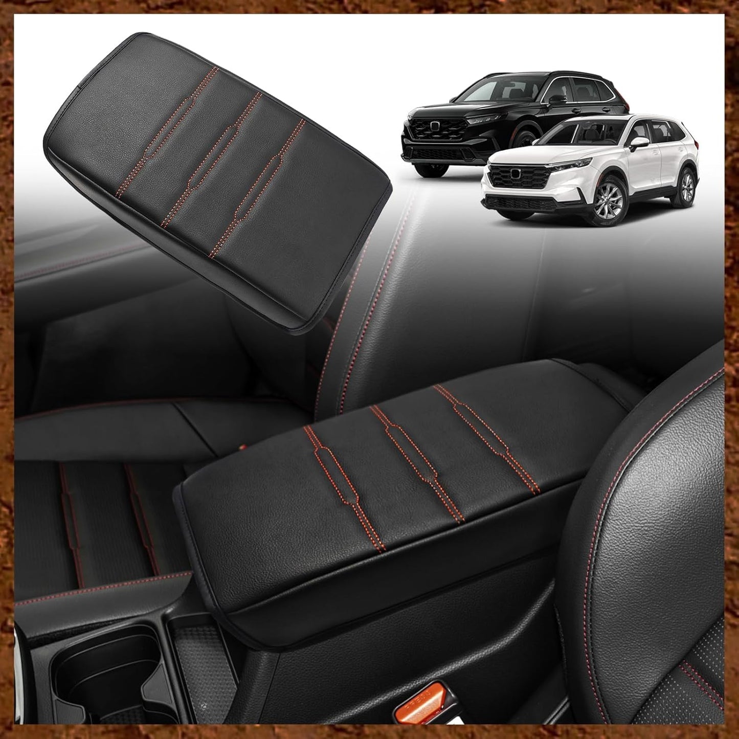 Muslogy Center Console Cover Compatible with 2023+ 2025 2026 Honda CR-V Accessories CRV Hybrid LX EX EX-L Sport Touring Armrest Cover Lid Cushion Protector Vegan Leather Extra Soft(Black/Orange Trim)