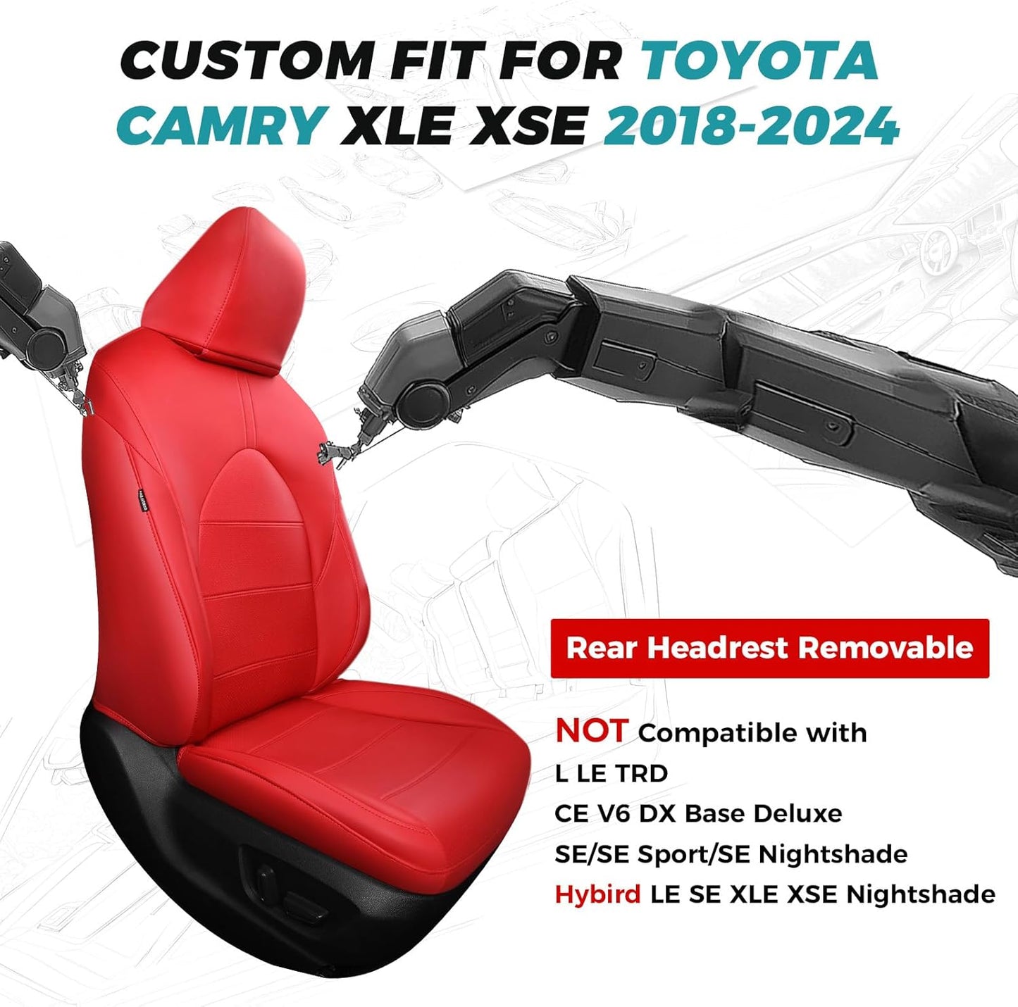 for Toyota Camry Seat Covers XLE XSE V6 2018 2019 2020 2021 2022 2023 2024 - Waterproof Breathable Leather Seat Covers for Cars, Custom Fit Car Seat Covers Full Set, Red Not for Hybrid