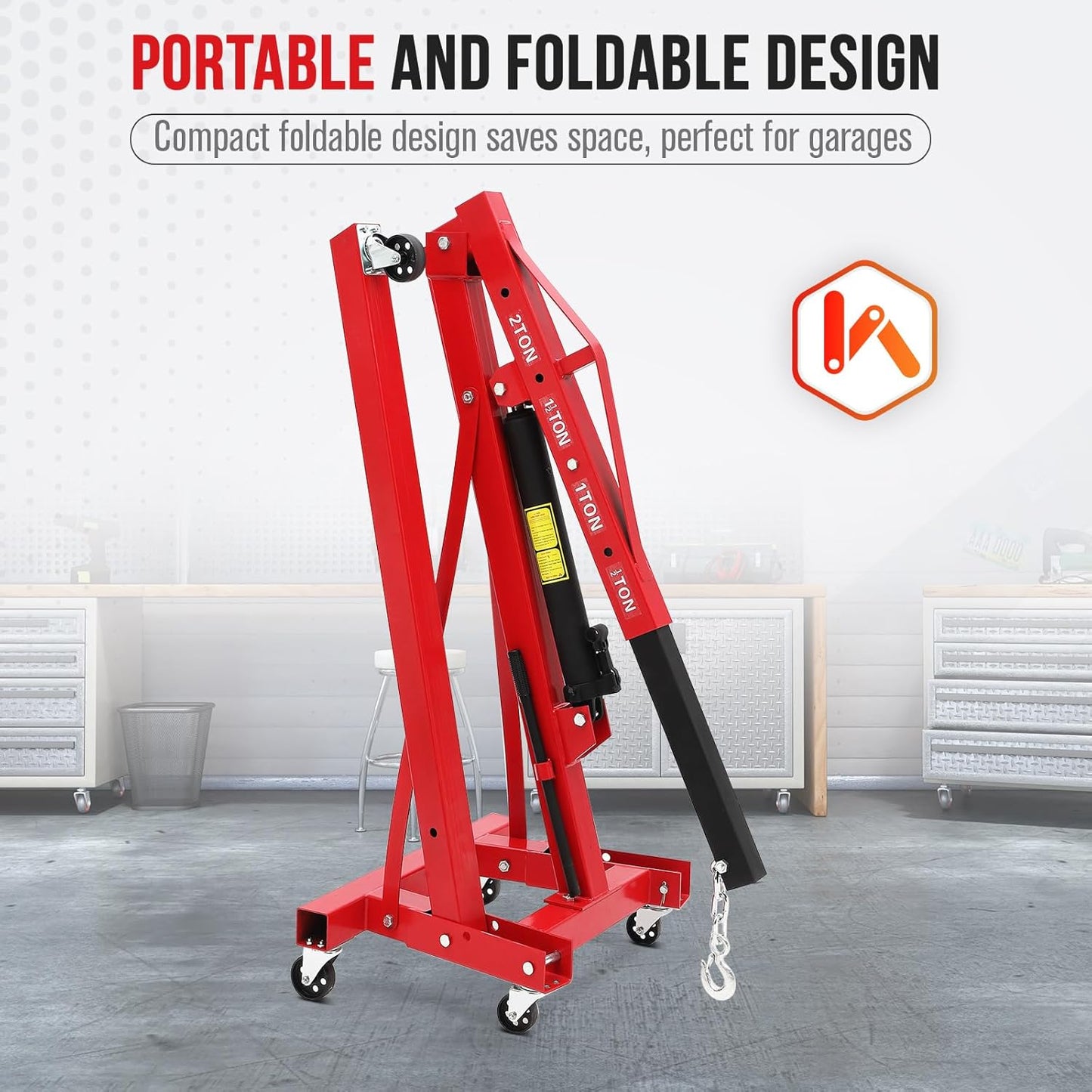 2 Ton Engine Hoist, Hydraulic Cherry Picker Engine Hoist Lift, 4400LBS Heavy Duty Crane Lifter with 6 Casters and Telescopic Boom, Foldable & Portable Design, for Garage, Workshop, Warehouse (Red)