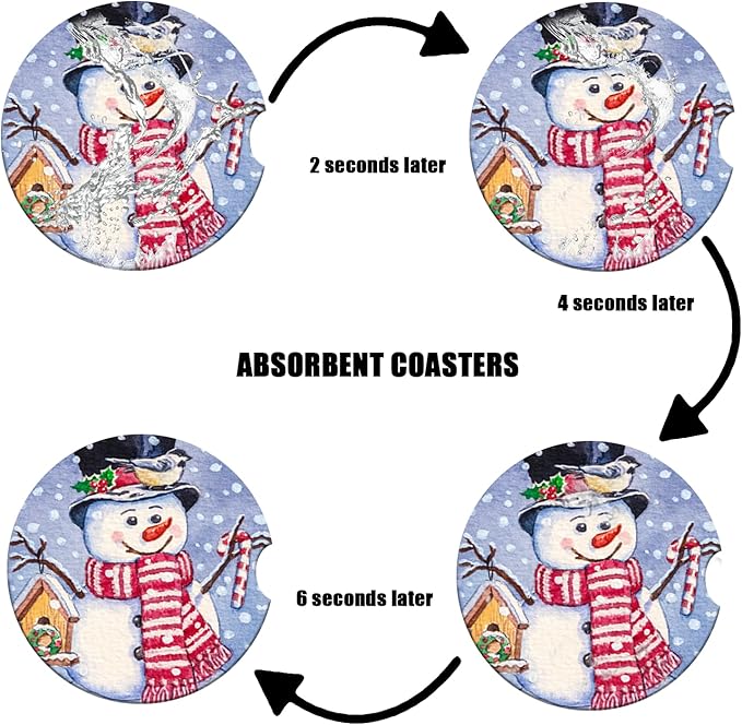Car Cup Holder Coaster - Christmas Snowman Absorbent Ceramic Coaster, Car Coasters for Cup Holders, Auto Accessories for Women & Men, Pack of 2