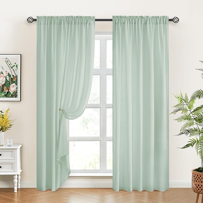 HOMEIDEAS Non-See-Through Sage Green Privacy Sheer Curtains, 52 X 72 Inches Long 2 Panels Sheer Curtains Light Filtering Window Drapes for Bedroom Living Room