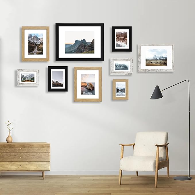 8x10 Picture Frame Set of 4, Made of Real Glass and Natural Oak Wooden Frame, 8 by 10 Photo for Wall or Tabletop - Display Picture 5x7 with Mat or 8x10 Without Mat