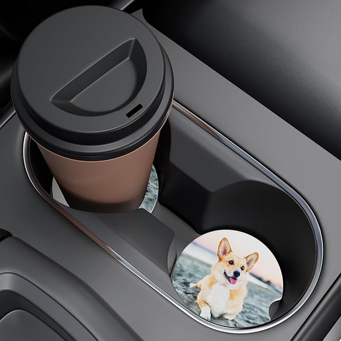 Car Cup Holder Coaster, Car Coasters for Cup Holders, 2 Pack Universal Anti Slip Insert Absorbent Ceramic Auto Interior Accessories with A Finger Notch & Cork Base, Cute Dog