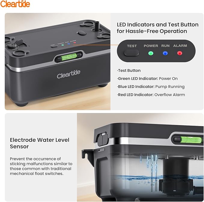 Cleartide Condensate HVAC Pump, Ultra-Quiet 25dB, 1/30 HP 135 GPH, 100-240V, Automatic Condensate Removal Pump with Safety Switch and Tubing for Air Conditioner/Furnace/Dehumidifier/Ice Machine