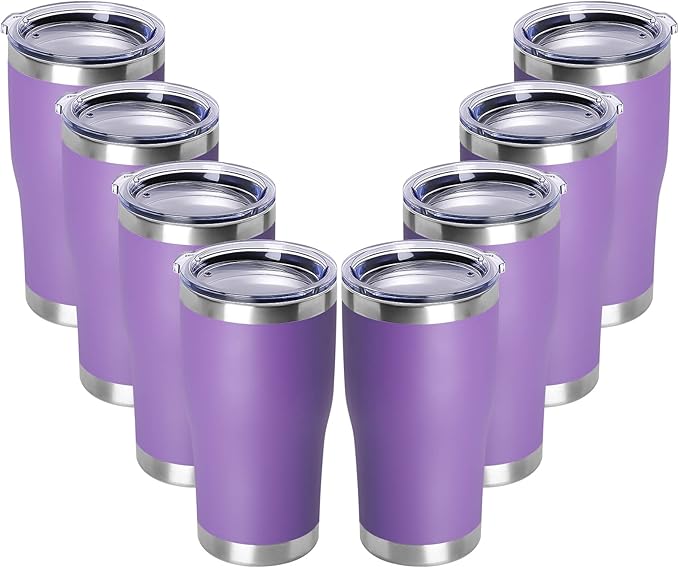 DOMICARE 20oz Tumbler with Lid Stainless Steel Tumblers Bulk, Double Wall Vacuum Insulated Coffee Travel Mug Powder Coated Tumbler, 8 Count (Pack of 1) Purple