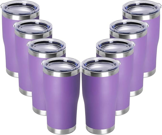 DOMICARE 20oz Tumbler with Lid Stainless Steel Tumblers Bulk, Double Wall Vacuum Insulated Coffee Travel Mug Powder Coated Tumbler, 8 Count (Pack of 1) Purple