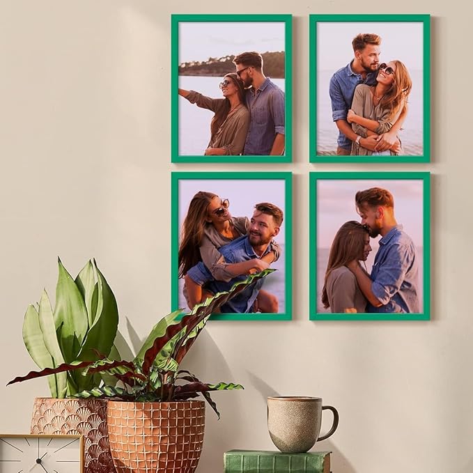 Renditions Gallery Set of 4, 8X10 Custom Photo Prints with Real Wood Picture Frames. Create Personalized Photos with Peel & Stick Photo Frames. Green Frame