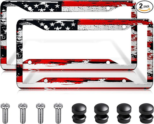 American Flag License Plate Frames Holder,Aluminum Novelty Decorative License Plate Protector with Screws for Men/Women,Car Decoration Accessories,2pcs-Blue Red American Flag