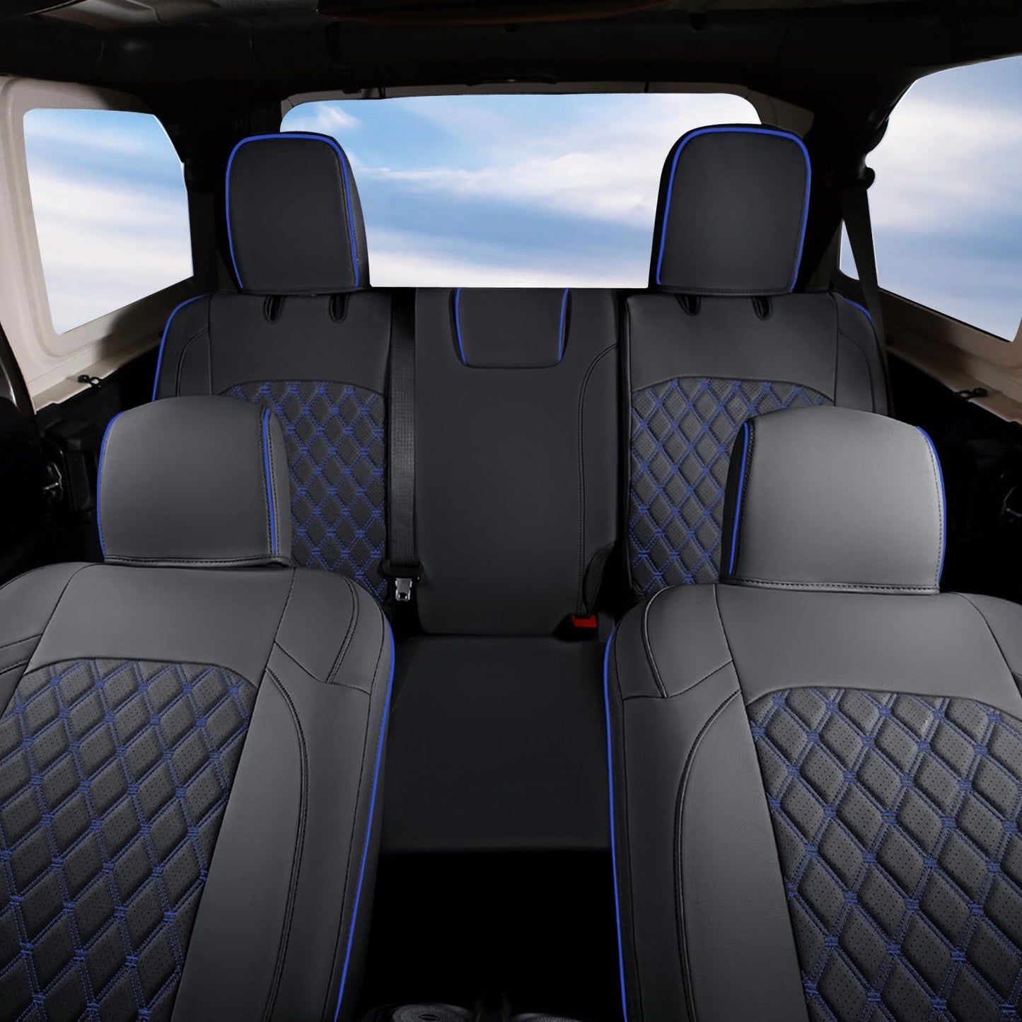 GIANT PANDA Fit Full Set Car Seat Covers for Jeep Wrangler 4 Door JL Sahara Sport Rubicon Unlimited Willys 2018 2019 2020 2021 2022 2023 2024 2025 Without Rear Cup Holder,Faux Leather - (Black+Blue)