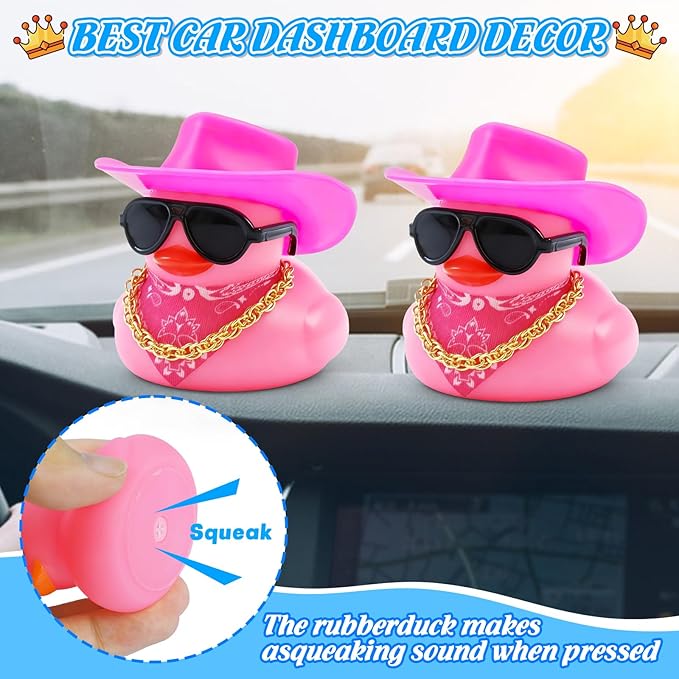 BOZILY Pink Cowboy Rubber Duck with Sunglasses, Gold Chain & Scarf - Funny Car Dashboard Decorations, Cute Duck Stress Relief for Car, Home, Office