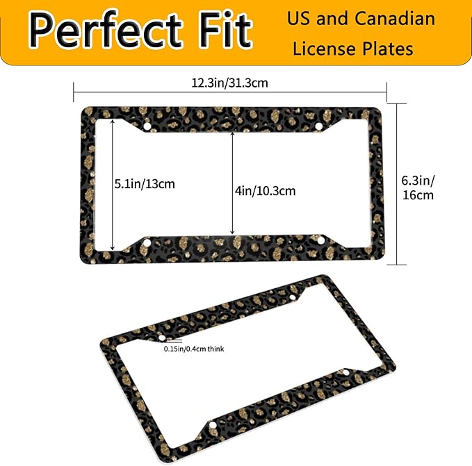 License Plate Frame 2 Pack Front Rear Aluminum Metal Rust-Proof Universal Car Tag Frames Holder with 4 Holes Car Decor Accessory with Screws for Men Women - Black Gold Leopard