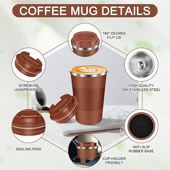 Coffee Travel Mug 12oz Insulated Coffee Mug with Lid Portable Spill-Proof Coffee Travel Mug No Handle Reusable Stainless Steel Mug Keeps Cold and Hot Suitable for Car, Daily, Travel and Gifts