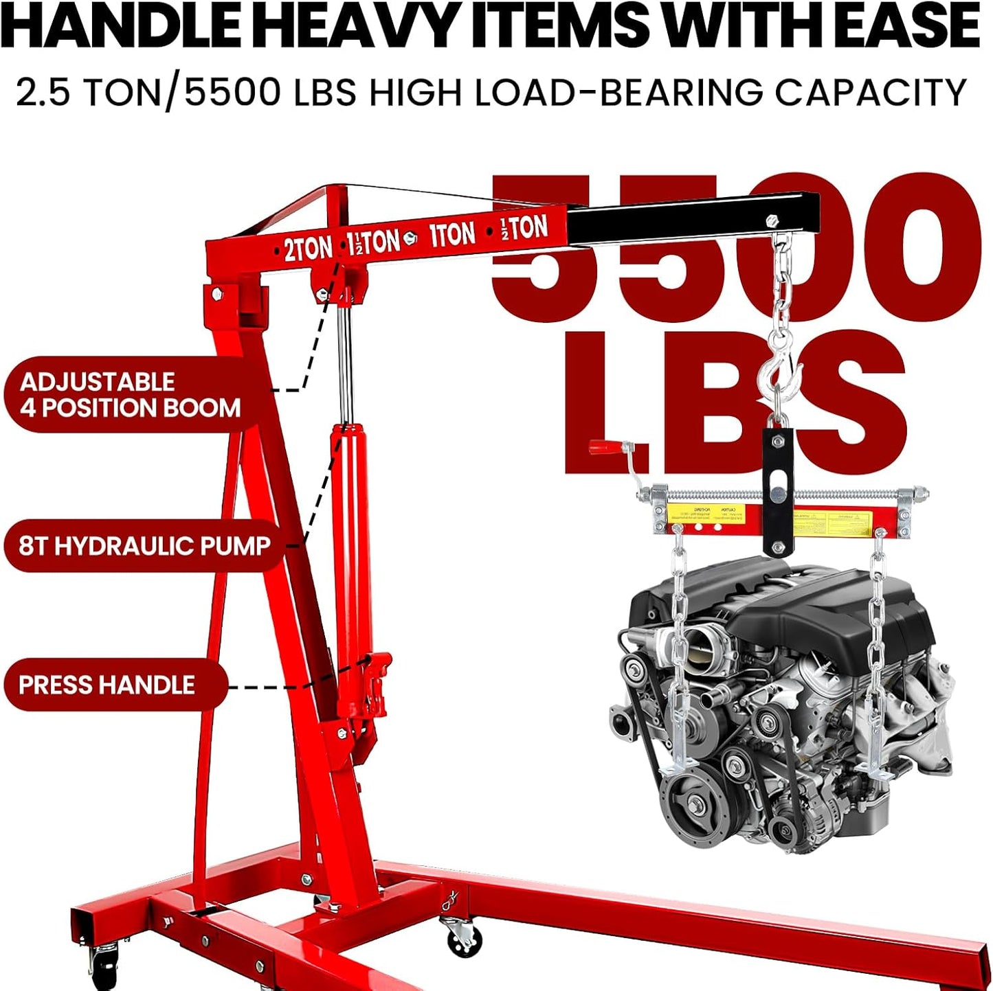 5500 Lbs Folding Engine Hoist, 2.5 Ton Engine Crane with Lever, with 6 Casters, 8 Ton Hydraulic Pump 4 Adjustable Position, Cherry Picker for Garage, Workshop, Repair