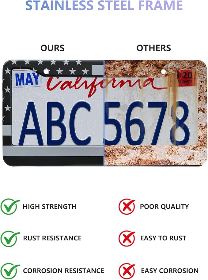 BGGTMO American Flag License Plate Frames- Black Stainless Steel Car Tag Holder Printed with USA Flag Pattern, 2 Hole 2 Pack with Screws Caps Decals for Front Rear