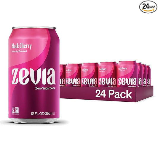 Zevia Zero Sugar Soda, Black Cherry, 12 oz Cans (24-Pack) – Naturally Sweetened, Non-GMO Project Verified, Gluten-Free, Vegan