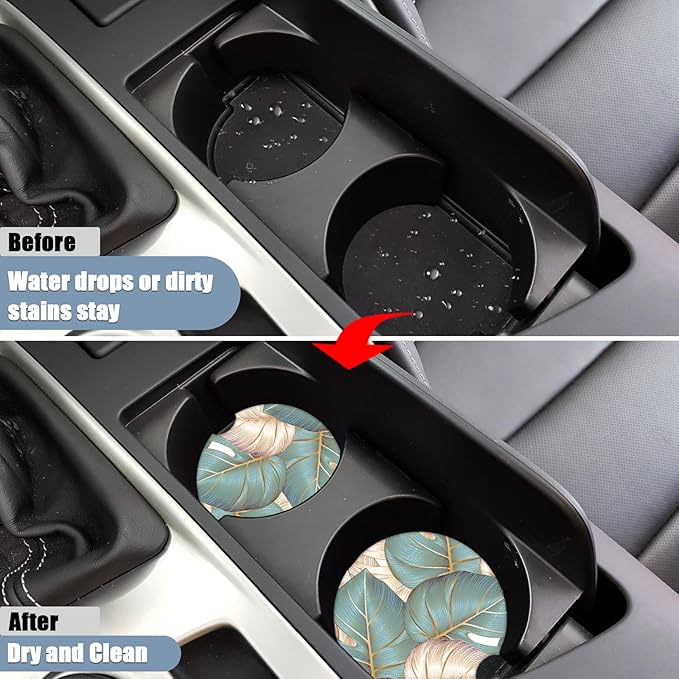 Car Cup Holder Coaster - Cyan Leaf Absorbent Ceramic Coaster 2 Pack, Car Coasters for Cup Holders, Fashion Car Interior Accessories Drink Coaster for Women & Men