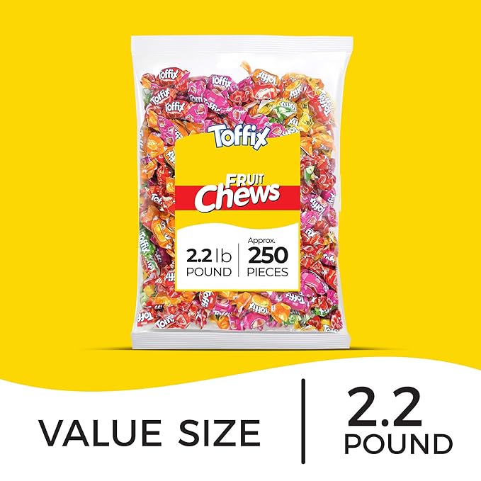 Toffix, Fruit Chews, Center-Filled Soft Fruit Chews Candy Individually Wrapped Snacks, Orange, Strawberry, Pineapple, Watermelon & Apple, Fruity Flavored Chewy Candies, 2.2 Pound Bulk Bag, Pack of 8