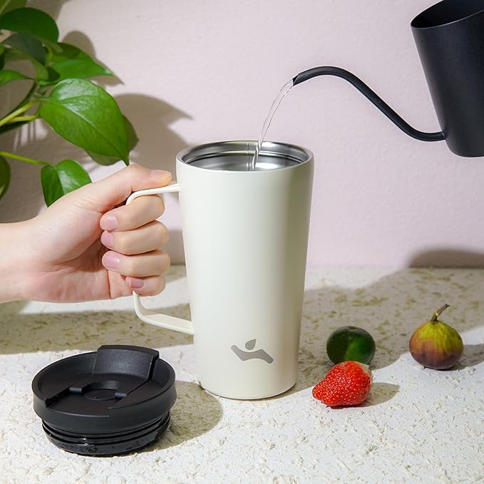 Insulated Tumbler with Handle and Straw, 26 OZ Travel Coffee Mug Stainless Steel Cup Metal Water Bottle,Angel White