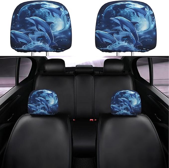 Dujiea 2 Pack Dolphin Moon Car Headrest Covers, Universal Soft Car Seat Head Rest Protector, Vehicle Accessories Fabric Headrest Cover for Cars Vans Trucks