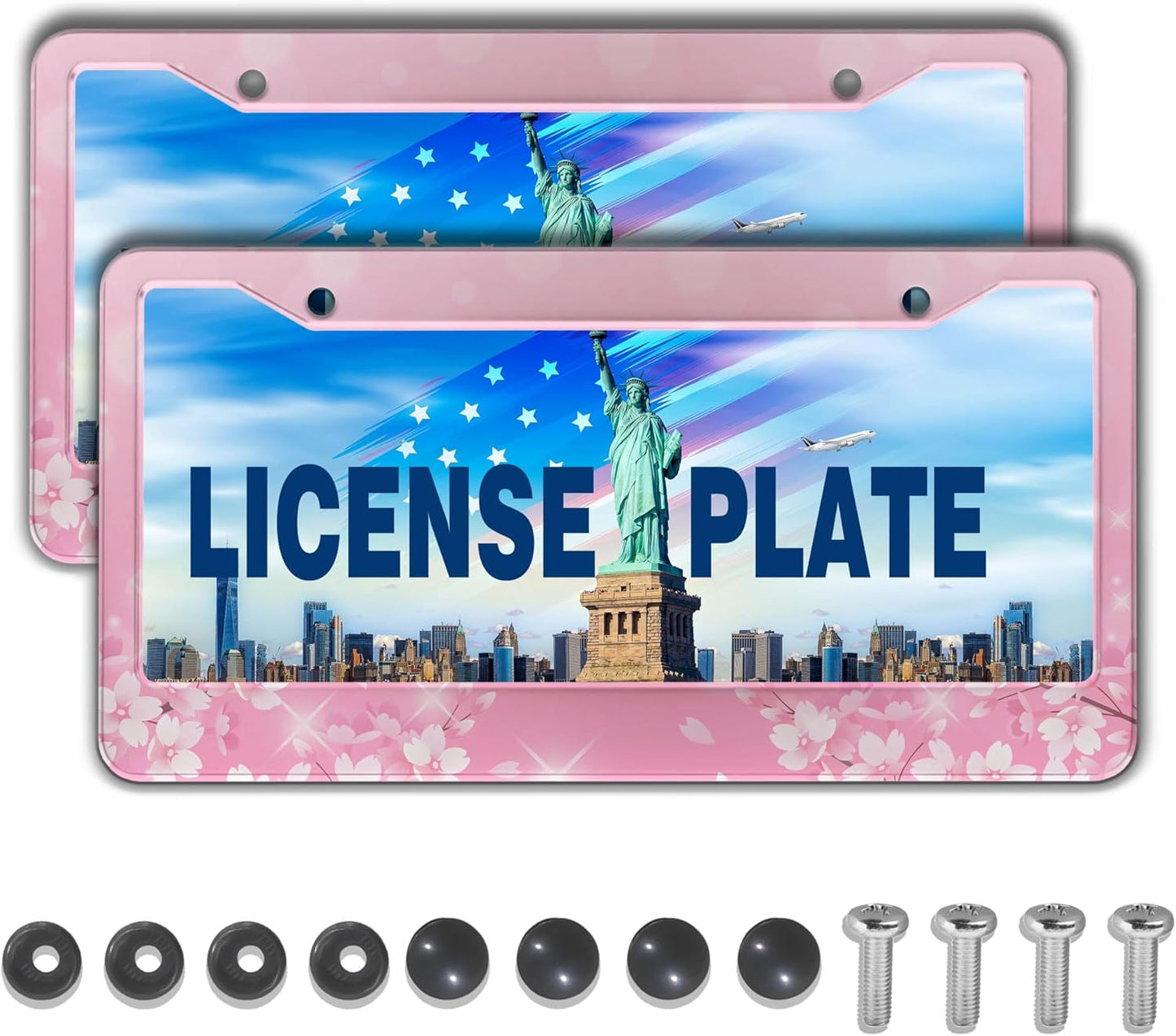License Plate Frames for Girl Pink License Plate Cover for Women for Men Pink Floral Women Aluminum Metal Car Accessory 2 Pack with Screw Covers Set