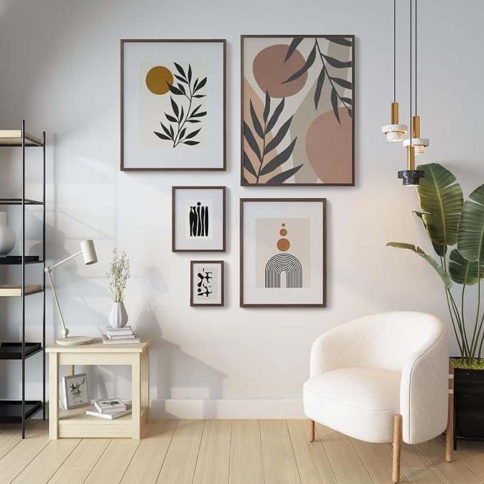 11x14 Picture Frame Matted to 8x10 Solid Wood Veneer 11 x 14 frame Set of 2 with Shatterproof Plexiglass, Wall Hanging Modern Brown Poster Frame for Home Office Decor