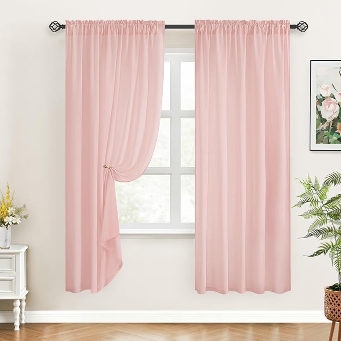 HOMEIDEAS Non-See-Through Blush Pink Privacy Sheer Curtains, 52 X 63 Inches Long 2 Panels Sheer Curtains Light Filtering Window Drapes for Bedroom Living Room