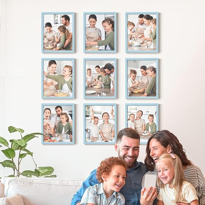 Renditions Gallery Set of 9, 11X14 Custom Photo Prints with Real Wood Picture Frames. Create Personalized Photos with Peel & Stick Photo Frames. Blue Frame