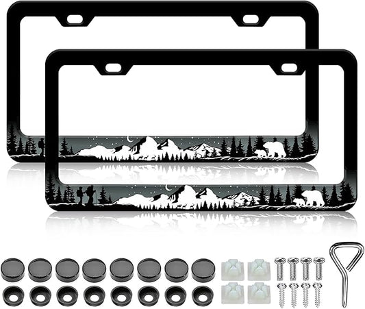 Mountains License Plate Frames - 2 PCS Adventure Awaits Camping Bear Moose Animal Wildlife Aluminum Metal License Plate Frames Holder Covers, Car Decorative Tag Frames for Standard US 12x6 Inch