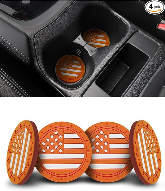 4 Pack Car Cup Coasters, Universal American Flag Non-Slip Silicone Cup Holder Inserts, Car Interior Accessories, Orange