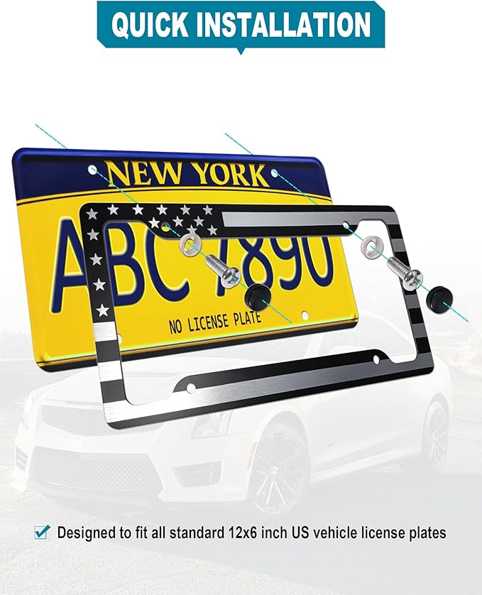 American Flag License Plate Frames- Heavy Duty Aluminum-Plastic Composite Patriotic Car Tag Holder with Mounting Hardware & Screws Caps (Black)，2 Pack for Front Rear