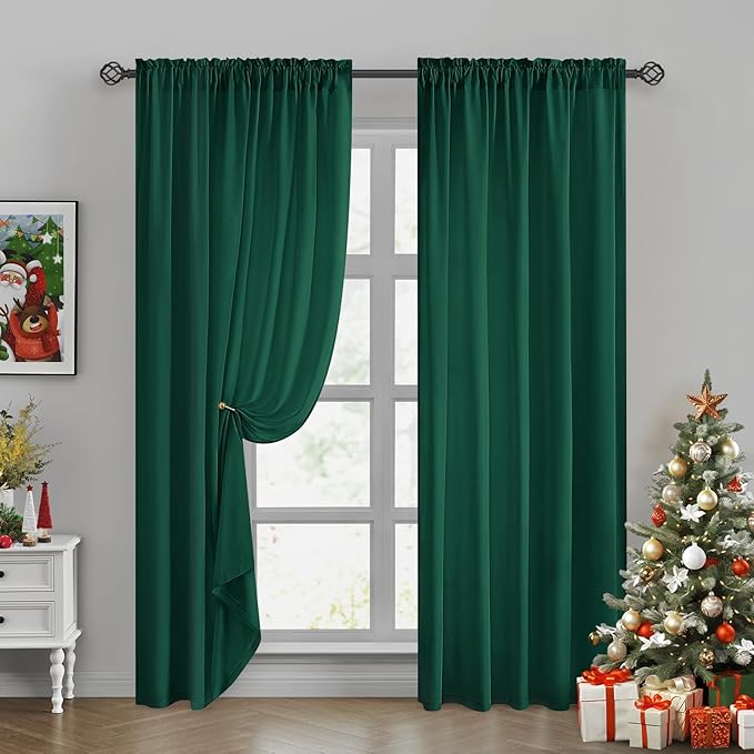 HOMEIDEAS Christmas Non-See-Through Hunter Green Privacy Sheer Curtains, 52 X 63 Inches Long 2 Panels Sheer Curtains Light Filtering Window Drapes for Bedroom Living Room