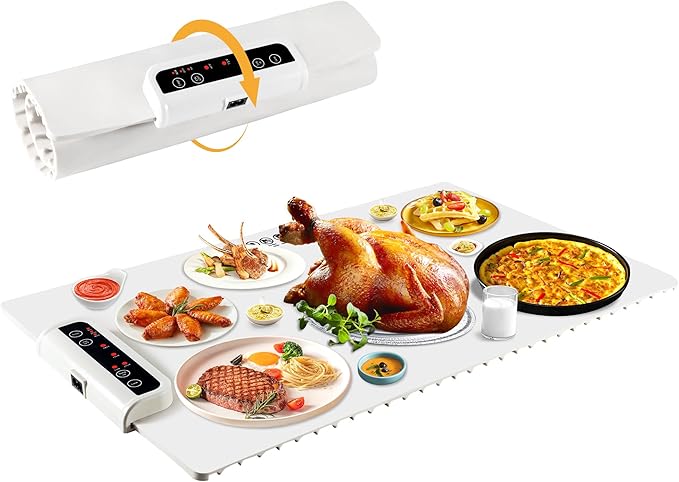 Food Warming Mat- Foldable Warming Mat for Food with Adjustable Temperature Control Time Moders Locking Function Electric Warming Tray for Parties,Home,Travel,Buffet White