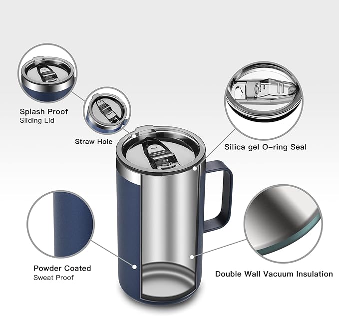 KXIAOCHEN 20oz Insulated Coffee Mug with Lid, Stainless Steel Coffee Cup, Double Wall Vacuum Coffee Tumbler with Handle, Premium Thermal Travel Coffee Mug (Blue Navy Purple 2Pack)