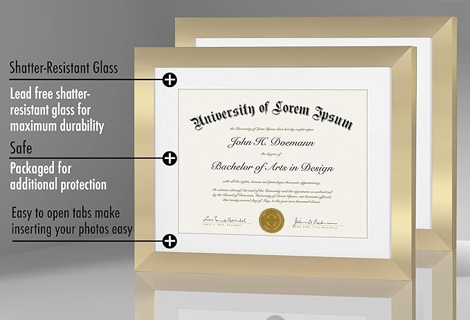 Americanflat 11x14 Gold Diploma Frame - Displays 8.5x11 Diplomas with Mat or 11x14 Inch Without Mat - Shatter-Resistant Glass. Hanging Hardware Included! (2 Pack)