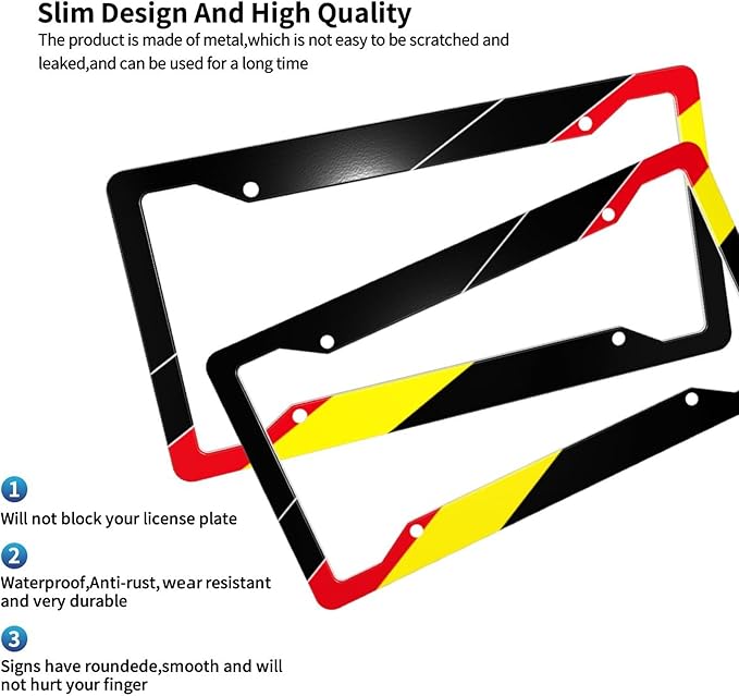 German License Plate Frame - 1 Pcs Germany Flag Aluminum Metal License Plate Frame Personalized German Car Tag Frames Holders Covers Design Fits for Men Women Generic 4 Holes Equipped with Screws