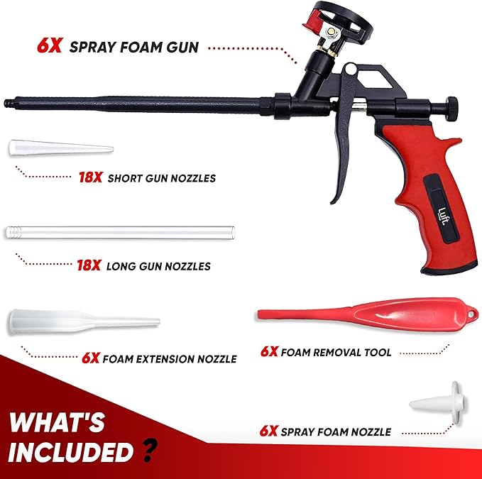 Luft Professional Expanding Foam Spray Gun (6 Insulation Guns + 18 Extenders) PU Insulating Applicator Heavy Duty Metal Body Dispensing Foam Gun Suitable for Caulking, Filling, Sealing (6 Pack)