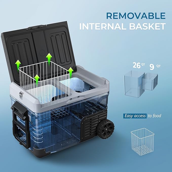 EUHOMY 12 Volt Refrigerator, 47QT(45L) Dual Zone Electric Cooler, Portable Freezer 12V/24V DC 110-240V AC, 12V Fridge -4℉~68℉, 12V Cooler with Wheels & Basket for Travel, Truck, Camping, Boat
