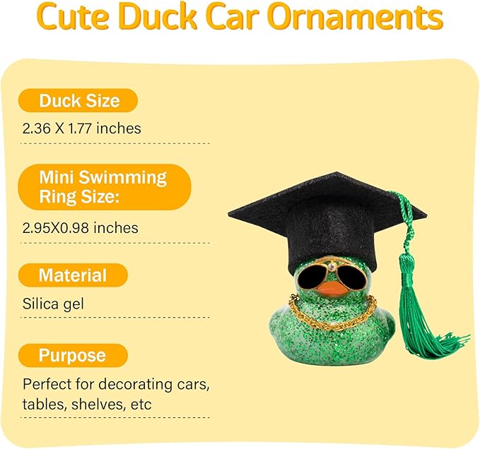 wonuu Car Dashboard Decor Graduation Hat Color Rubber Duck, Car Ducks Ornaments with Mini Graduation Hat Necklace Sunglasses (Dark Green)