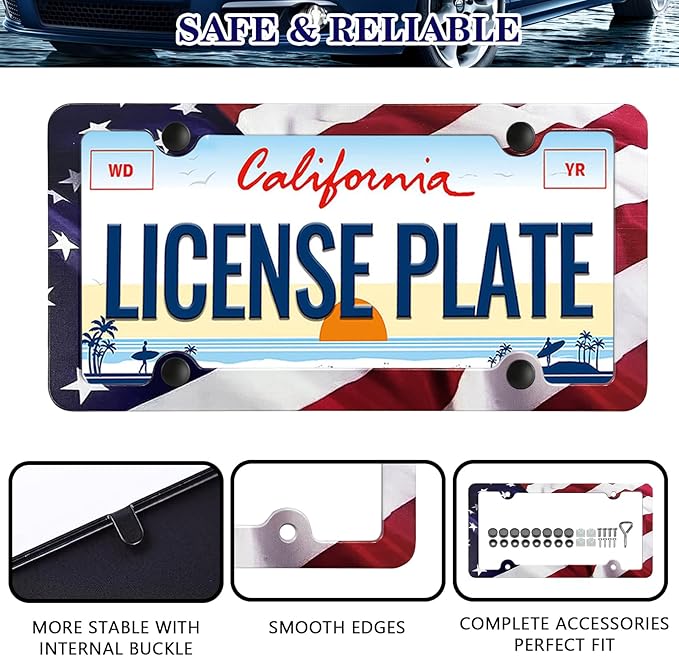 LIN KANG American Flag License Plate Frame Holder - 2 Pack Patriotic Universal Aluminum Matte Stripe US Flag Gloss Car Plate Frame Covers Accessory with 4 Holes and Screws Fasteners Caps