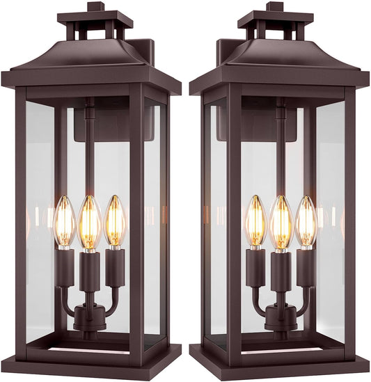 20" Oil Rubbed Bronze Outside Lighting for House 3-Light, 2 Pack Brown Large Vintage Outdoor Sconce Lights Porch Patio Lights Wall Mount, Waterproof Exterior Carriage Lamps, E12