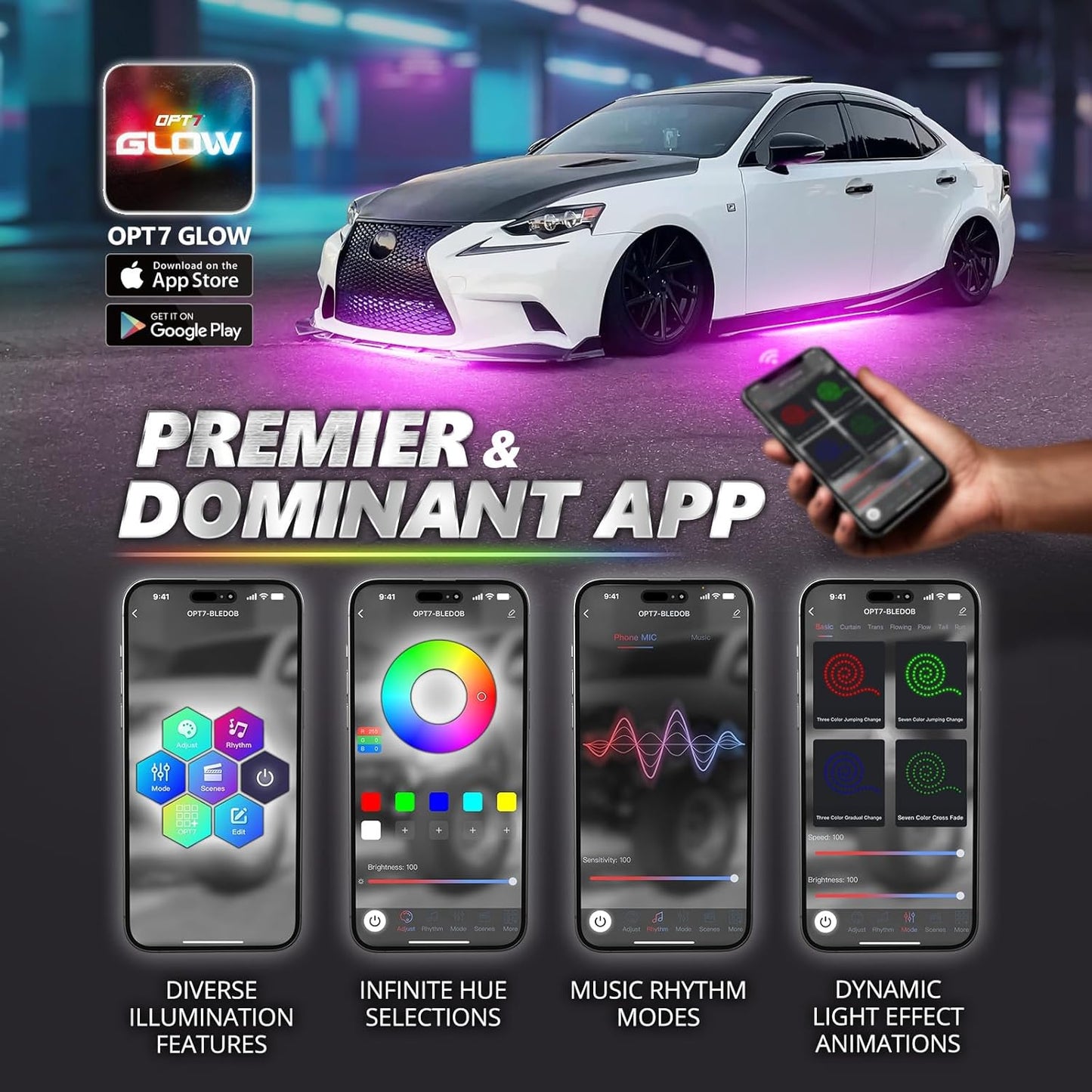 OPT7 Aura Pro Underglow LED Lights Kit for Car with APP & Remote Control, RGB Multicolor Modes, Music Sync, Waterproof Rigid Aluminum Light Bar, Exterior Neon Accent Underbody Lighting Kit