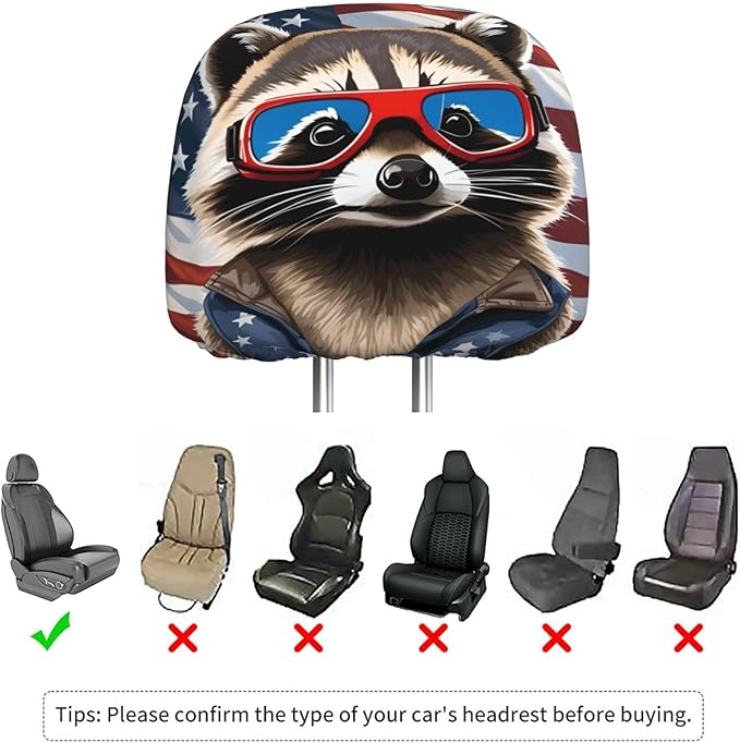 Dujiea 2 Pack Raccoon American Flag Car Headrest Covers, Universal Soft Car Seat Head Rest Cover Protector, Vehicle Accessories Fabric Headrest Cover for Cars Vans Trucks