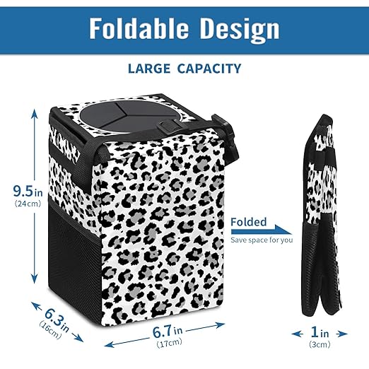 Black and Grey Leopard Trash Can with Lid - Collapsible Reusable Waterproof Garage Bag, Automotive Garbage Can, Car Accessories Interior Organizer
