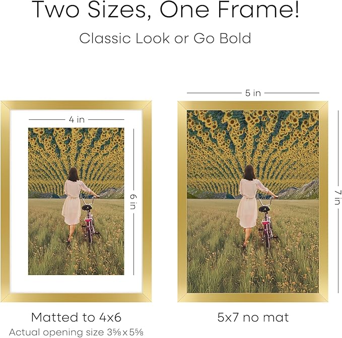 Homeforia 5x7 Picture Frame Gold, High End Metal 5 x 7 Gold Frames with Mat 4 x 6 for Print, 5by7 Desk Frame Matted to 4x6 inch Photo, 5 by 7 Wall or Tabletop Frame, Tempered Glass, Wall Kit, Set of 3