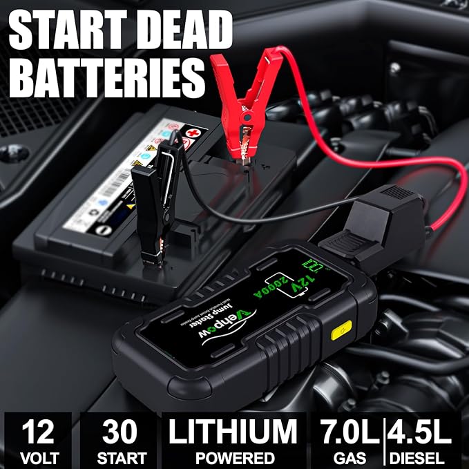 Car Battery Jump Starter, 2000A 12V Lithium Battery Booster Pack, 20000mAh Portable Jump Box, Power Bank & Emergency LED Light, Jumper Cables - for 8.0L Gas and 6.0L Diesel Engines